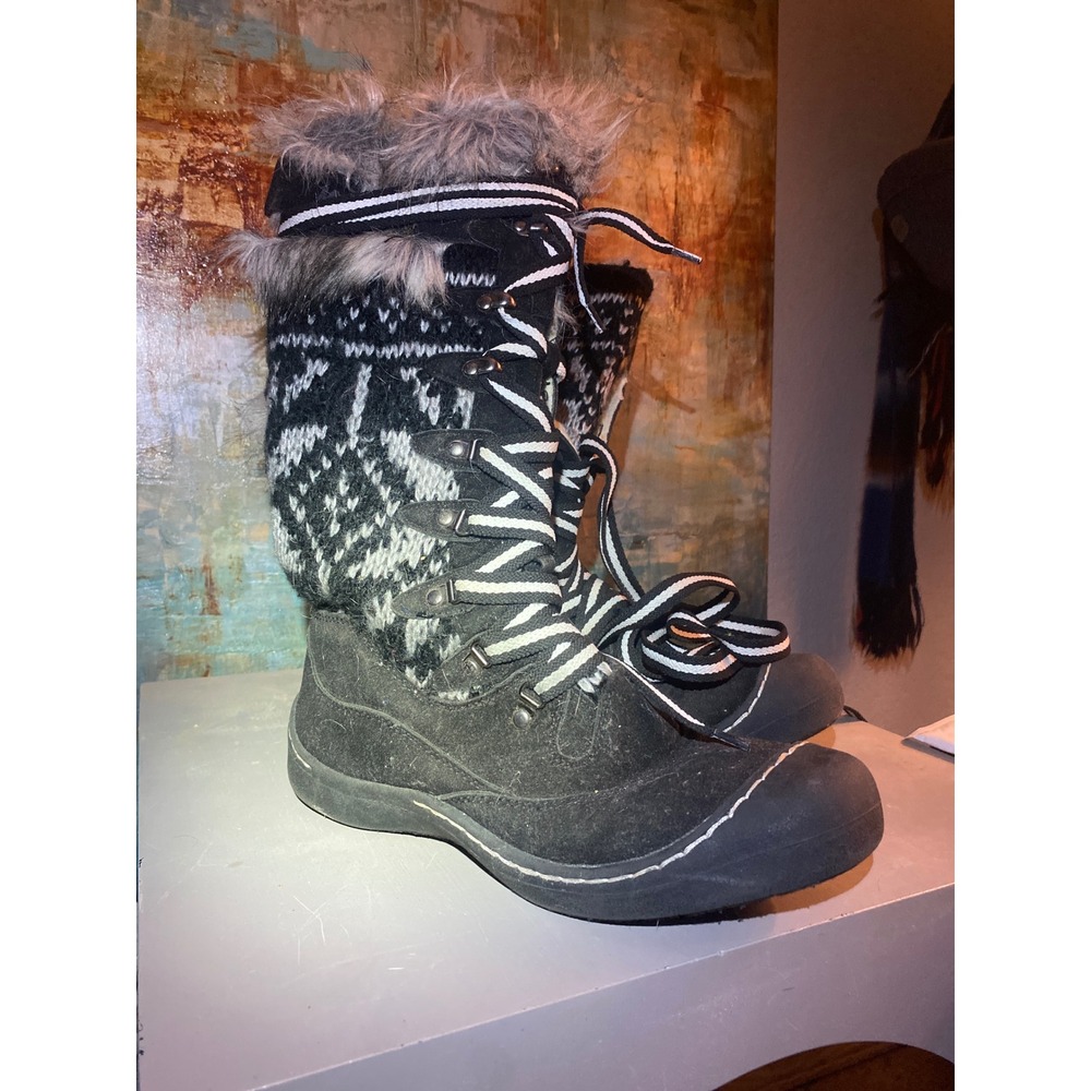 Muk Luks Womens Winter Boots Black Fair Isle Knit Faux‎ Fur Trim Lace Up Size 9